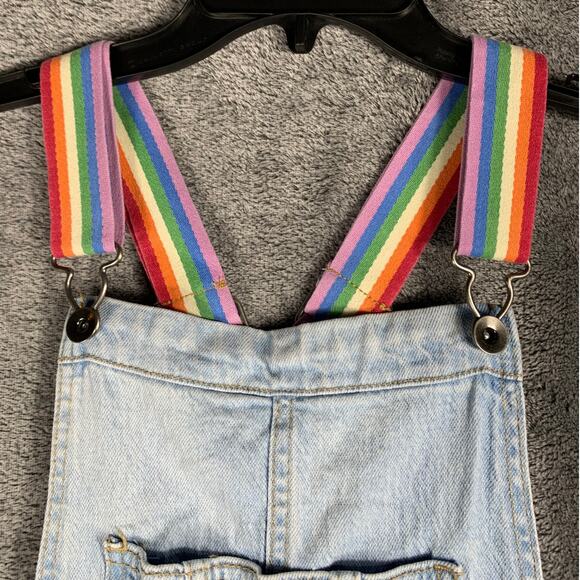 Overall Shorts Womens Medium Blue Denim Jeans Rainbow Details Festival Casual - Picture 8 of 15